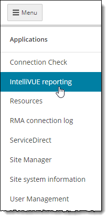 IntelliVUE reporting menu in the navigation pane.